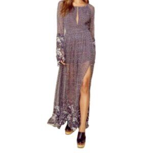 Jetset Diaries La Cucaracha Maxi Dress Grey- Purple L/S Open Back Front Sheer S